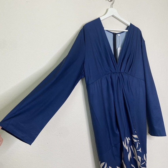 Navy Front Panel Faux Wrap Leaf Pattern Long Sleeved Ruched Navy Dress XXL NWT - Picture 3 of 11